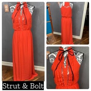 Stunning lace, ruffle, mesh maxi dress bold coral